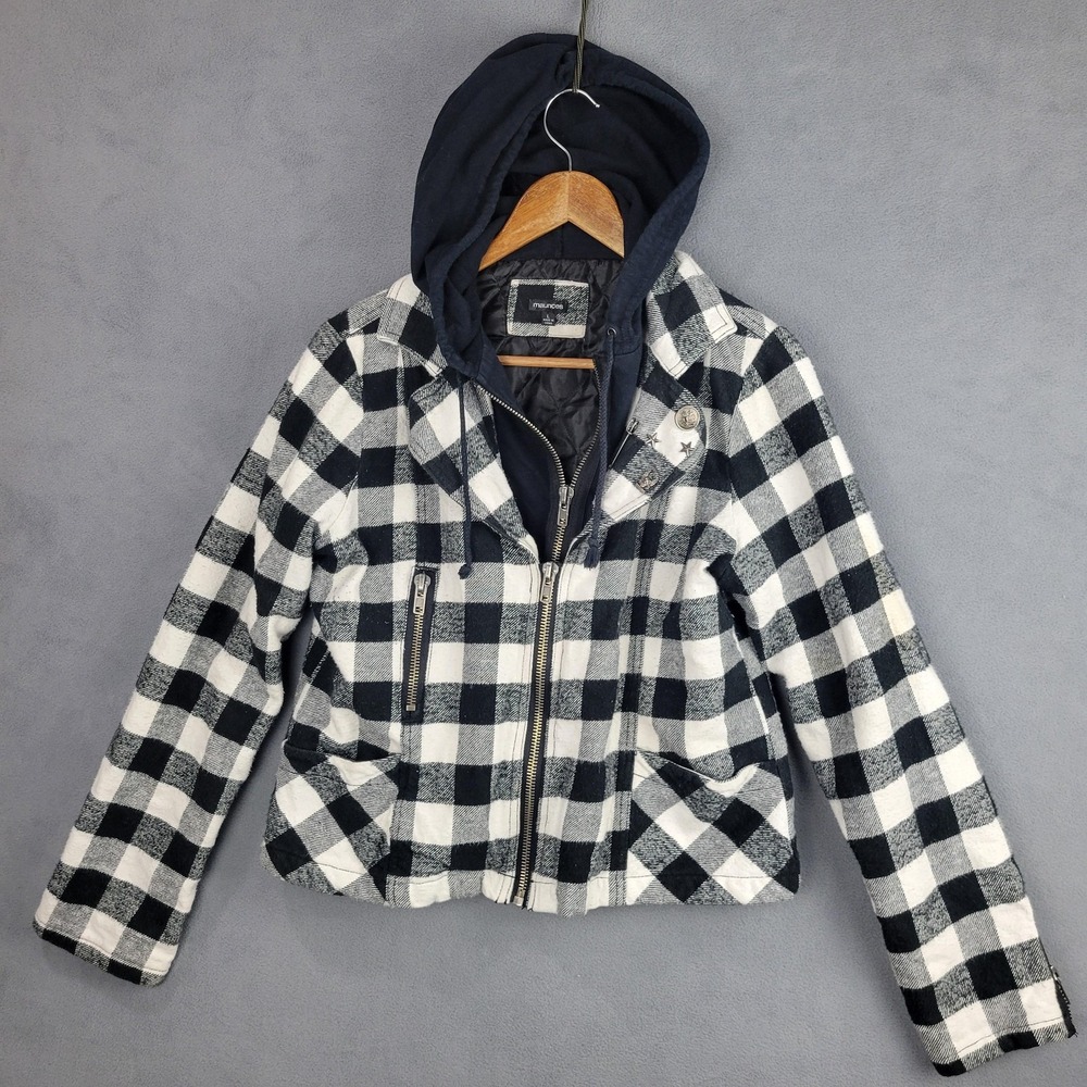 Maurices Jacket Womens Large Black White Buffalo Check Plaid Moto Hooded Zip‎
